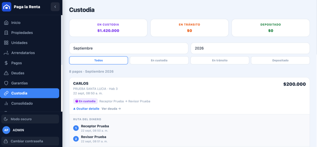 Pantalla de trazabilidad — cadena de custodia